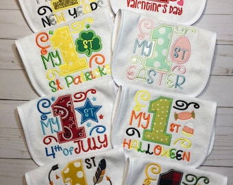 Holiday Bib Set, Baby's First Year Bibs, Custom Embroidered Gift