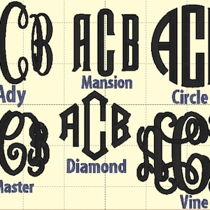 May include: A collection of black monogram designs in various styles, including Ady, Mansion, Circle, Master, Diamond, and Vine. Each design features the letters ACB, with the style names written below in blue.