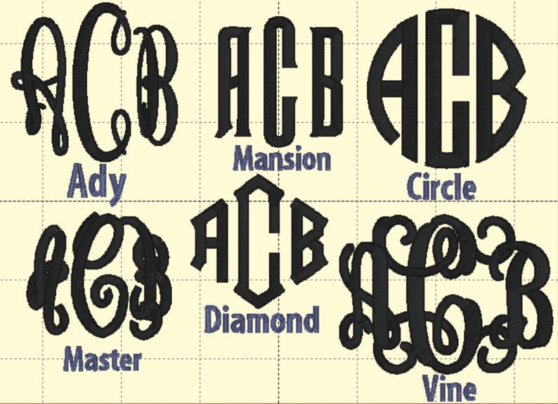 May include: A collection of black monogram designs in various styles, including Ady, Mansion, Circle, Master, Diamond, and Vine. Each design features the letters ACB, with the style names written below in blue.