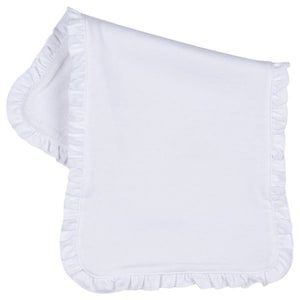 May include: White cotton baby burp cloth with a ruffled edge.