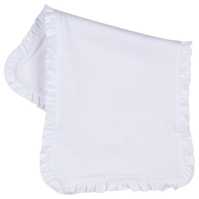 May include: White cotton baby burp cloth with a ruffled edge.