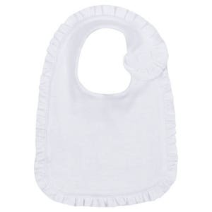 May include: White cotton baby bib with a ruffled edge and a single ruffle on the top.