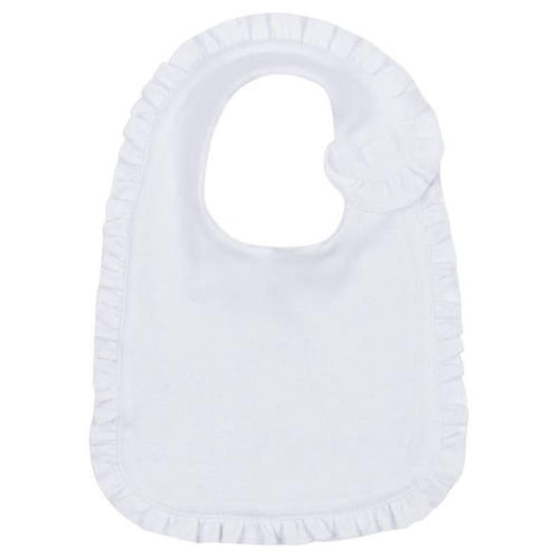 May include: White cotton baby bib with a ruffled edge and a single ruffle on the top.