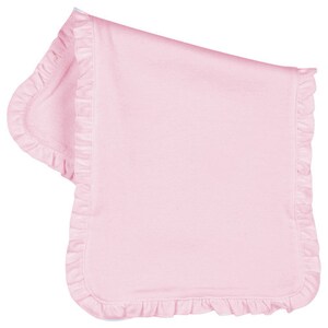 May include: A pink baby blanket with a ruffled edge.