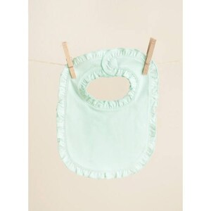 May include: A light green baby bib with a ruffled edge. The bib has a small opening at the top for the neck.