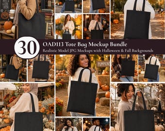 Black Tote Bag Mockup Bundle, OAD113 Black Tote Bag Mockups, Fall Halloween Lifestyle Mockup, Realistic Model JPG