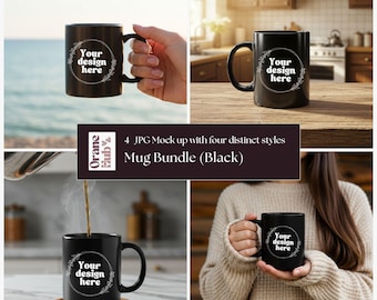 Black Mug Mockup Bundle | 4 JPG Coffee Cup Mockups, Lifestyle Mug Photography, Digital Download, ceramic mug mockup, 11oz black mug mockup