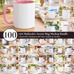 Può includere: Una collezione di 100 tazze in ceramica bianca con manici e interni colorati in dieci diverse tonalità. Le tazze sono mostrate in vari ambienti interni ed esterni, presentando una varietà di colori d'accento tra cui rosa, blu e arancione.
