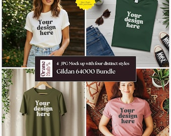 Gildan 64000 T Shirt Mockup Bundle Flat Lay Digital Download | POD Lifestyle Apparel Mockups | Realistic Clothing Model Mockup Templates