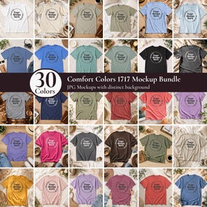 May include: A collection of thirty Comfort Colors 1717 t-shirts in various colors, each featuring a central circular floral wreath graphic with the text Your design here. The shirts are displayed in a grid layout with distinct backgrounds.