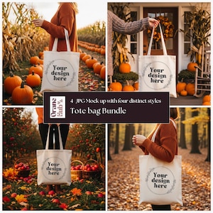 Puede incluir: Un paquete de maquetas de cuatro bolsas de mano en diferentes entornos al aire libre. Cada bolsa es de color natural con el texto "Your design here" dentro de un diseño floral circular. El fondo incluye calabazas, mazorcas de maíz y follaje de otoño.