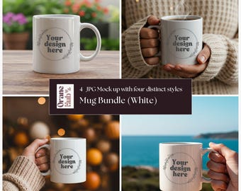 White Mug Mockup Bundle | 4 JPG Coffee Cup Mockups, Lifestyle Mug Photography, Digital Download, 11oz mug mockup, 15oz black mug mockup