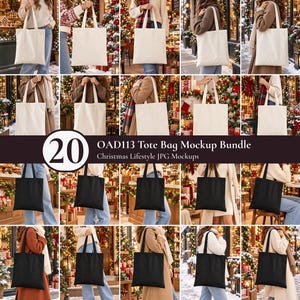 Peut inclure: Une collection de 20 sacs fourre-tout vierges en blanc et noir, présentés dans divers contextes. Le texte OAD113 Tote Bag Mockup Bundle Christmas Lifestyle JPG Mockups est affiché au centre sur la grille d'images.