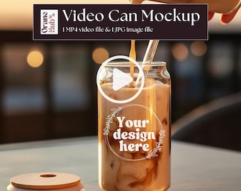 Libbey Glass Video Mockup, Iced Coffee Glass Mockup, Clear Glass Can Mockup, Canva POD Mockup sipper glass video, Glass tumbler mockup Video