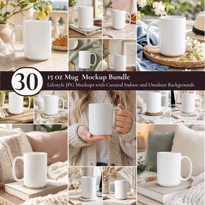 May include: A collection of 30 white 15 oz ceramic mugs displayed in various indoor and outdoor lifestyle settings. The images feature plain white mugs with handles, presented on surfaces like wooden tables, woven mats, and books, with diverse decor.