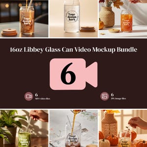 Puede incluir: Un paquete de maquetas de video para vasos tipo lata Libbey de 16oz que incluye seis vasos transparentes con tapas de bambú y pajitas de vidrio. Cada vaso muestra el texto Your design here dentro de una corona floral. Incluye seis archivos de video MP4 y seis archivos de imagen JPG.