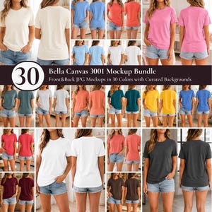 Puede incluir: Una colección de treinta maquetas de camisetas en varios colores, incluyendo blanco, azul, rosa, amarillo y gris. Cada imagen muestra una vista frontal y trasera de una camiseta de cuello redondo con pantalones cortos de mezclilla. El texto dice Bella Canvas 3001.
