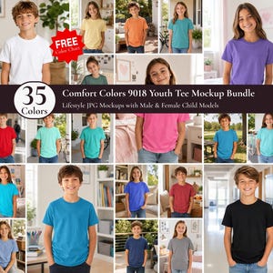 May include: A digital mockup bundle featuring 35 Comfort Colors 9018 youth t-shirts in various solid colors. The collection displays children wearing short-sleeved crew neck shirts in white, yellow, orange, teal, purple, red, pink, blue, and black.