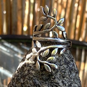 May include: A silver-colored ring with a leaf design. The ring features multiple leaves and branches that wrap around the band. The ring is displayed on a textured gray stone, with a blurred natural background.
