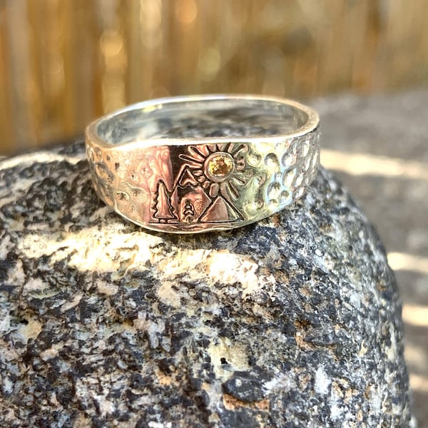 Silver 925 mountains, trees and sun ring