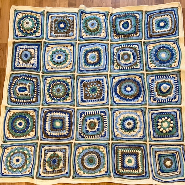 Crochet Blue and White Mandala Afghan - Handmade Crochet Afghan - Crochet Mandala Throw 53" X 55"
