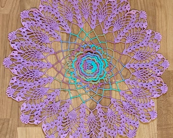 Purple and Variegated 18 Inch Hand Crocheted Doily - Violet Plant Mat - Peacock Crocheted Doily