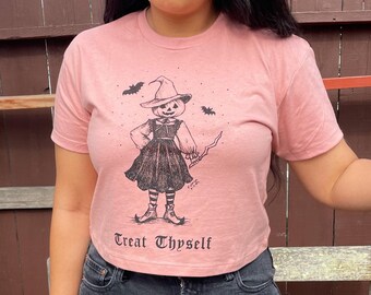 Treat Thyself, Pumpkin Witch with Broom and Bats Medium Cropped Tee shirt, Pink, Grey, Halloween, Spooky, For Her + Him, Gifts