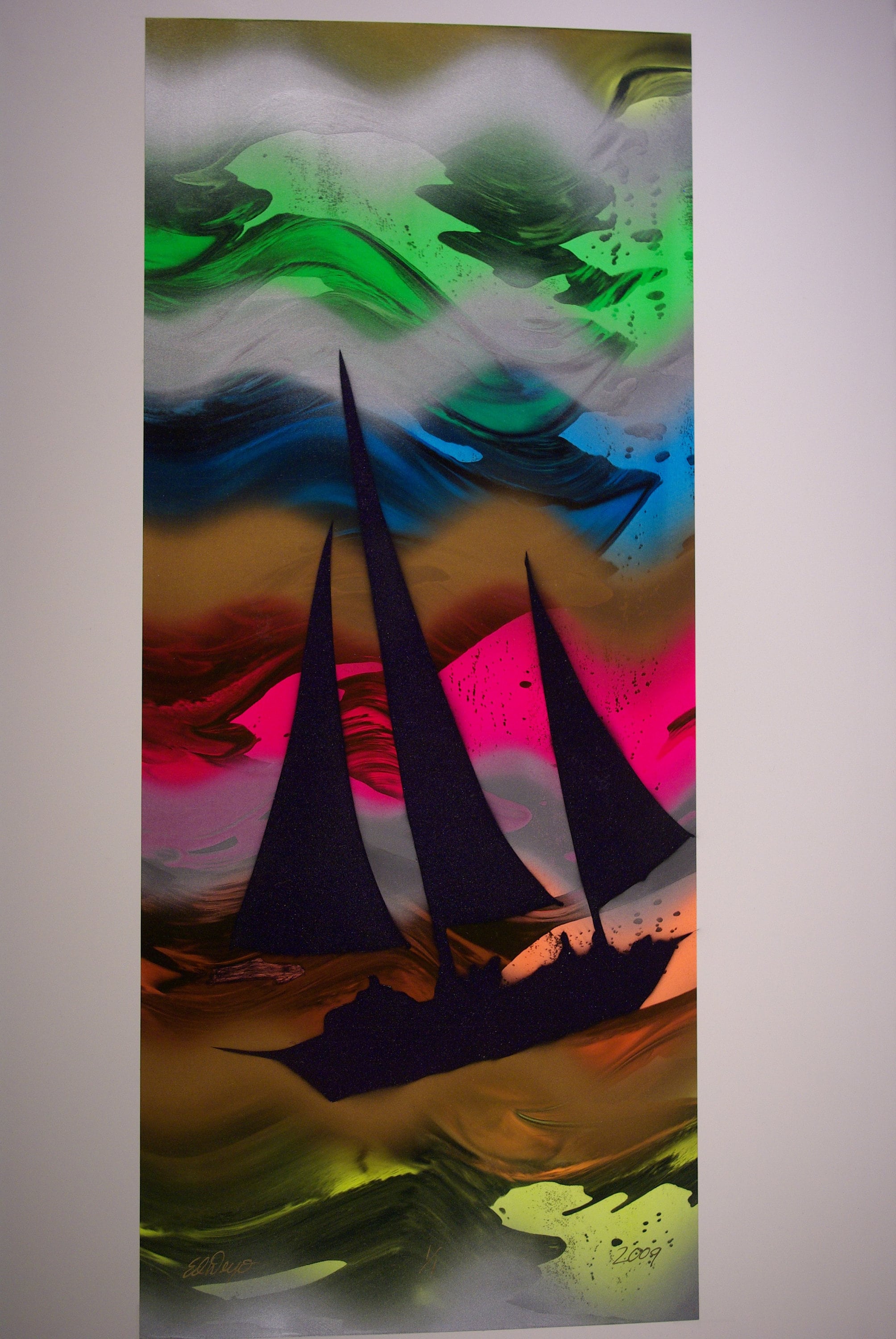 Three sails Spray Paint on Waves ArtDeyo on Paper, Original Art