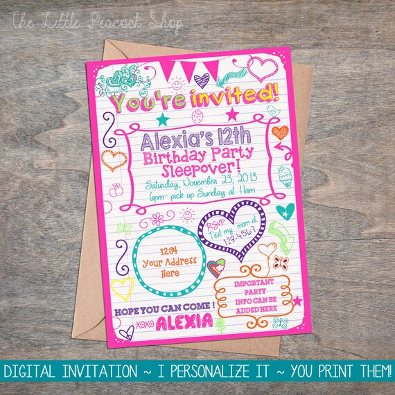 Tween Teen Birthday Printable Invitation Sleepover or Party | Etsy
