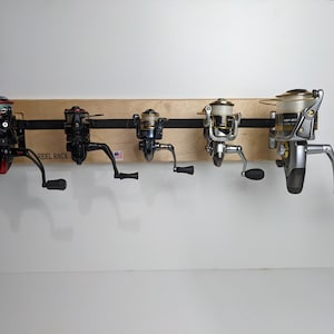 clear fishing reel storage Reel Rack. Custom Fishing Reel Organizer. Spinning Fishing Reel Holder. CNC  Cut, Hand Assembled. 100% Made in USA