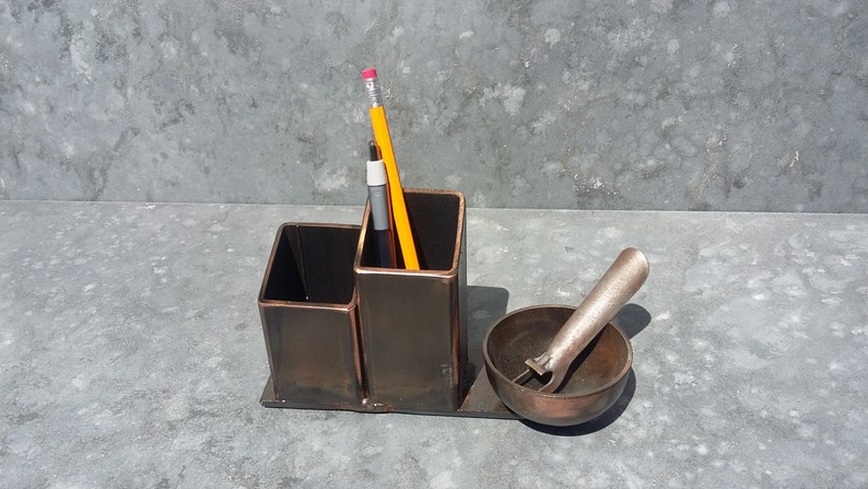 Welded Steel Desk Organizer Pen Holder Business Card Natural Antiqued Patina