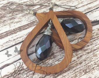 Bayong Earrings, boho wooden earrings, teardrop earrings, dangle earrings, wire wrapped earrings, crystal earrings, boho chic earrings