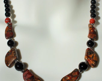 HUGE SALE 50% OFF: 21 inch Picasso Jasper and Onyx Necklace with Silver Details