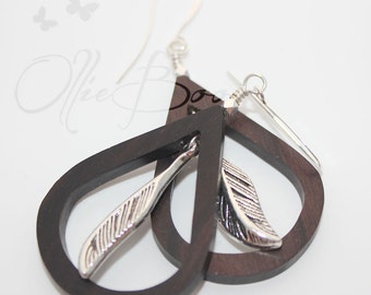 Tiger Ebony wood teardrops with suspended silver feather, Silver accents and Silver Plated Ear Hooks