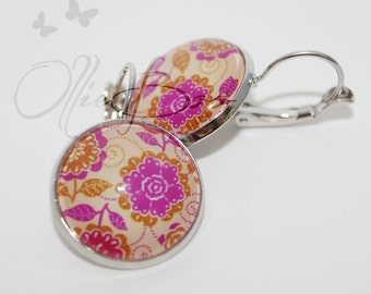 Floral / Flower Pattern Resin Cabochon Earrings with Silver Lever Back Ear Hooks