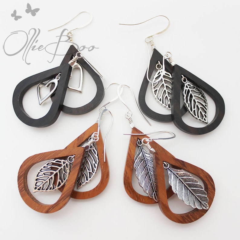 Bayong wood teardrops with suspended silver leaf, Silver accents and Silver Plated Ear Hooks image 5