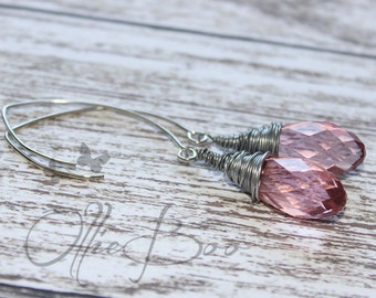 Wire Wrapped Pink Crystal Briolette Earrings on Silver Ear Hooks