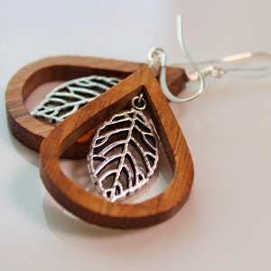 Bayong wood teardrops with suspended silver leaf, Silver accents and Silver Plated Ear Hooks image 3
