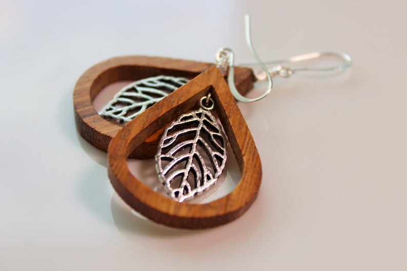 Bayong wood teardrops with suspended silver leaf, Silver accents and Silver Plated Ear Hooks image 3