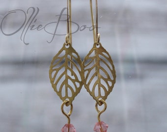 One Pair of Leaf Earrings with Pink Swarovski Crystal Accents