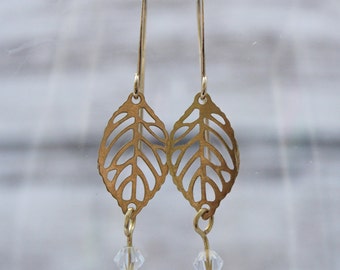 One Pair of Leaf Earrings with Clear Crystal Swarovski Crystal Accents