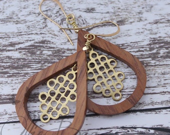 Bayong wood teardrops with suspended circles, gold accents and gold Plated Ear Hooks