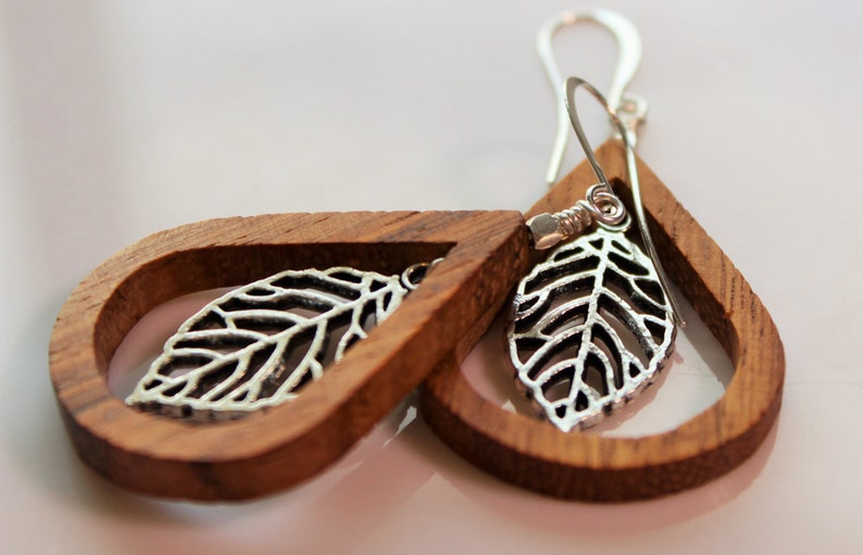 Bayong wood teardrops with suspended silver leaf, Silver accents and Silver Plated Ear Hooks image 2