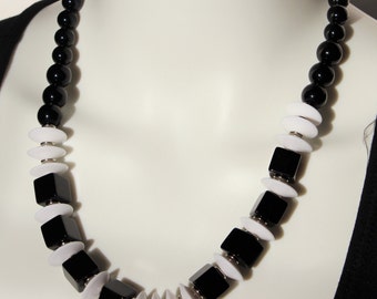 HUGE SALE 50% OFF: 21.5 Inch Statement Necklace with Square Onyx Beads, Round Onyx Beads White Spacer Beads and Silver Washer Beads