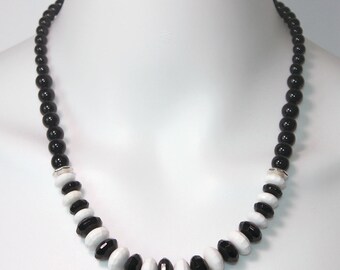 HUGE SALE 50% OFF: Black Onyx, silver spacers, White and Black Faceted Rondelle Agate Bead necklace. Silver Oval toggle Clasp.