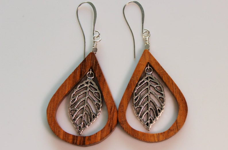 Bayong wood teardrops with suspended silver leaf, Silver accents and Silver Plated Ear Hooks image 4