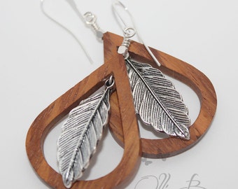 Bayong wood teardrops with suspended silver  leaf, Bali Silver accents and Silver Plated Ear Hooks