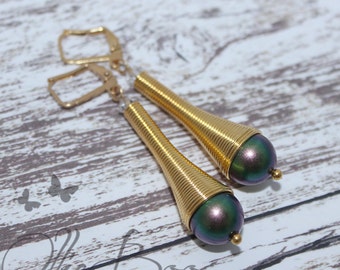 Gold Cone Earrings with Metallic Green Swarovski Pearls and Clear Crystal Swarovski Crystal Accents