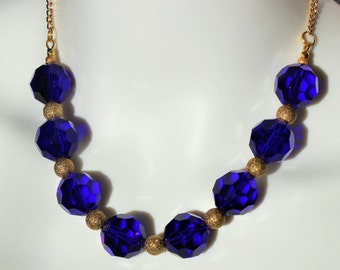 SALE: 30.5 Inch Faceted Royal Blue Glass Bead Necklace with Gold Dusted Accents on a Gold Chain