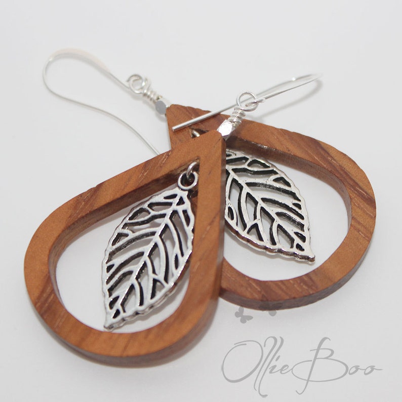 Bayong wood teardrops with suspended silver leaf, Silver accents and Silver Plated Ear Hooks image 1